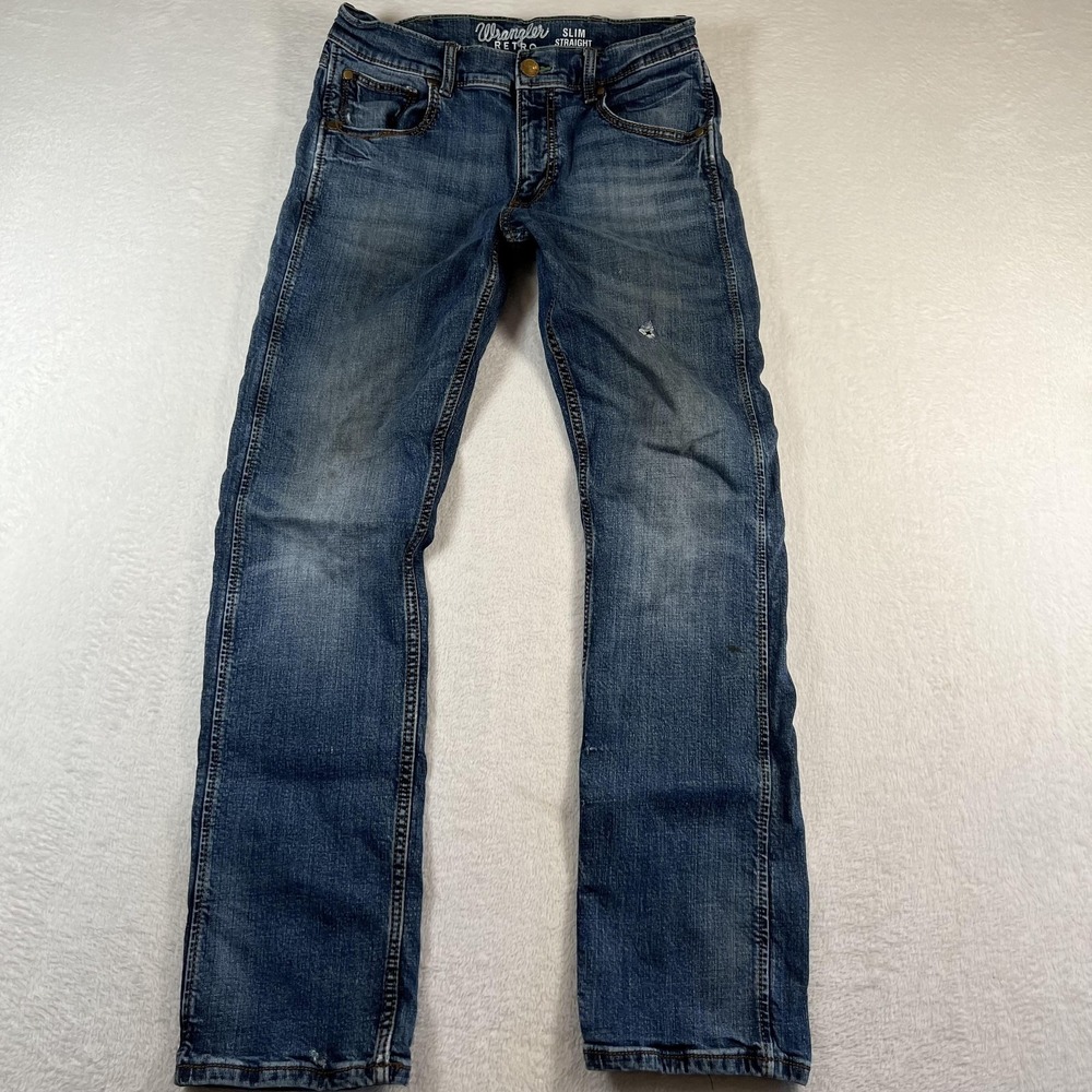Wrangler Retro Slim Straight Jeans Mens 30x32 Blue Medium Wash Distressed Denim